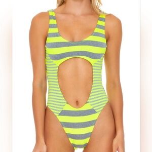NWT Luli Fama Neon Yellow and Gray Striped One Piece